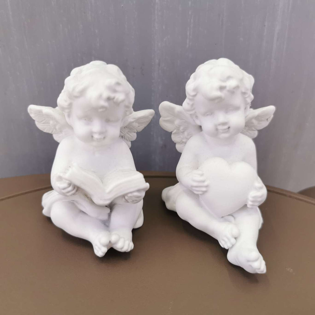 White Cherub Angel Figurine Set – Cute Angel Statues with Book & Heart for Home Decor