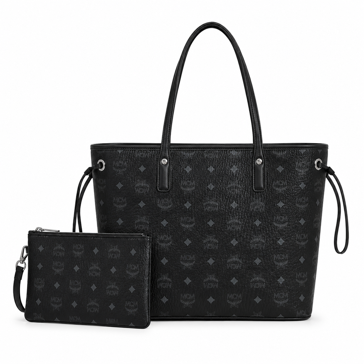 MCM Liz Black Visetos canvas and leather featuring a detachable pouch  drawstring closure and multi-functional shoulder strap for women