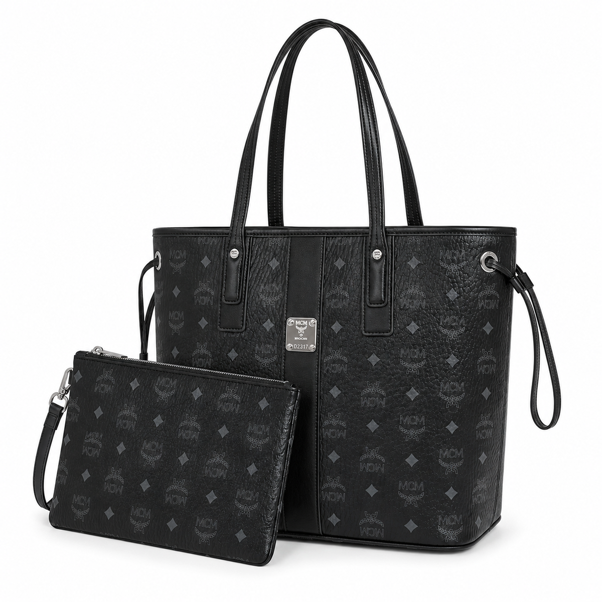 MCM Liz Black Visetos canvas and leather featuring a detachable pouch  drawstring closure and multi-functional shoulder strap for women