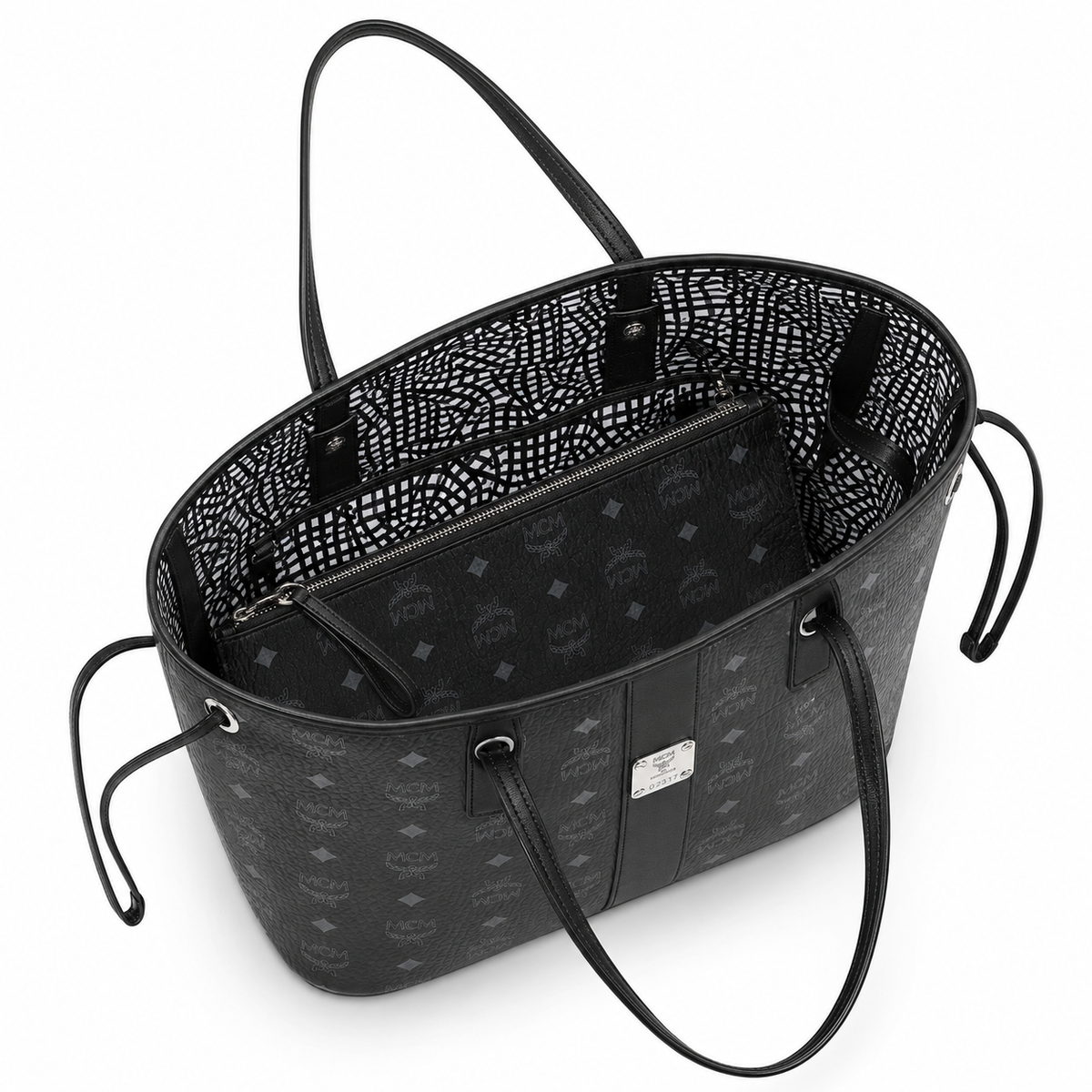 MCM Liz Black Visetos canvas and leather featuring a detachable pouch  drawstring closure and multi-functional shoulder strap for women