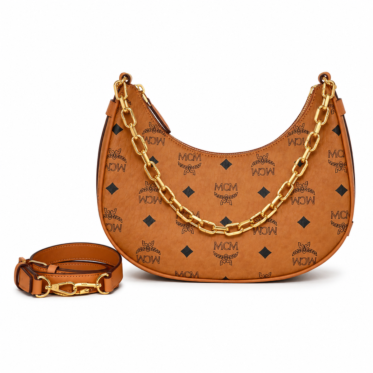 MCM Aren Crescent Hobo Bag | Cognac-colored Visetos canvas and Nappa leather with a gold chain shoulder strap and a detachable shoulder strap women's style