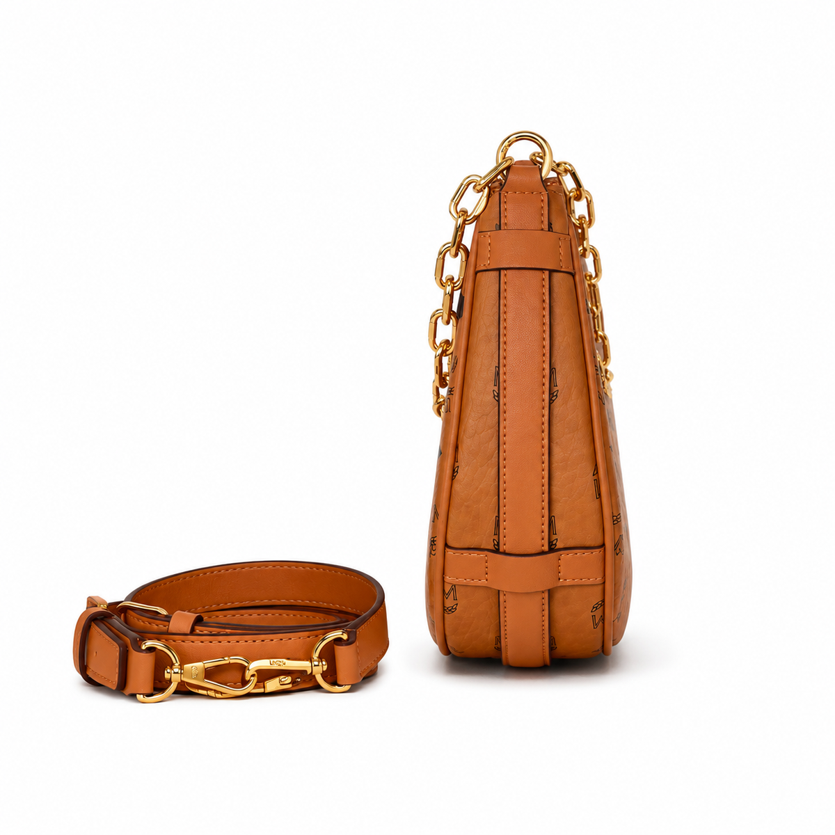 MCM Aren Crescent Hobo Bag | Cognac-colored Visetos canvas and Nappa leather with a gold chain shoulder strap and a detachable shoulder strap women's style