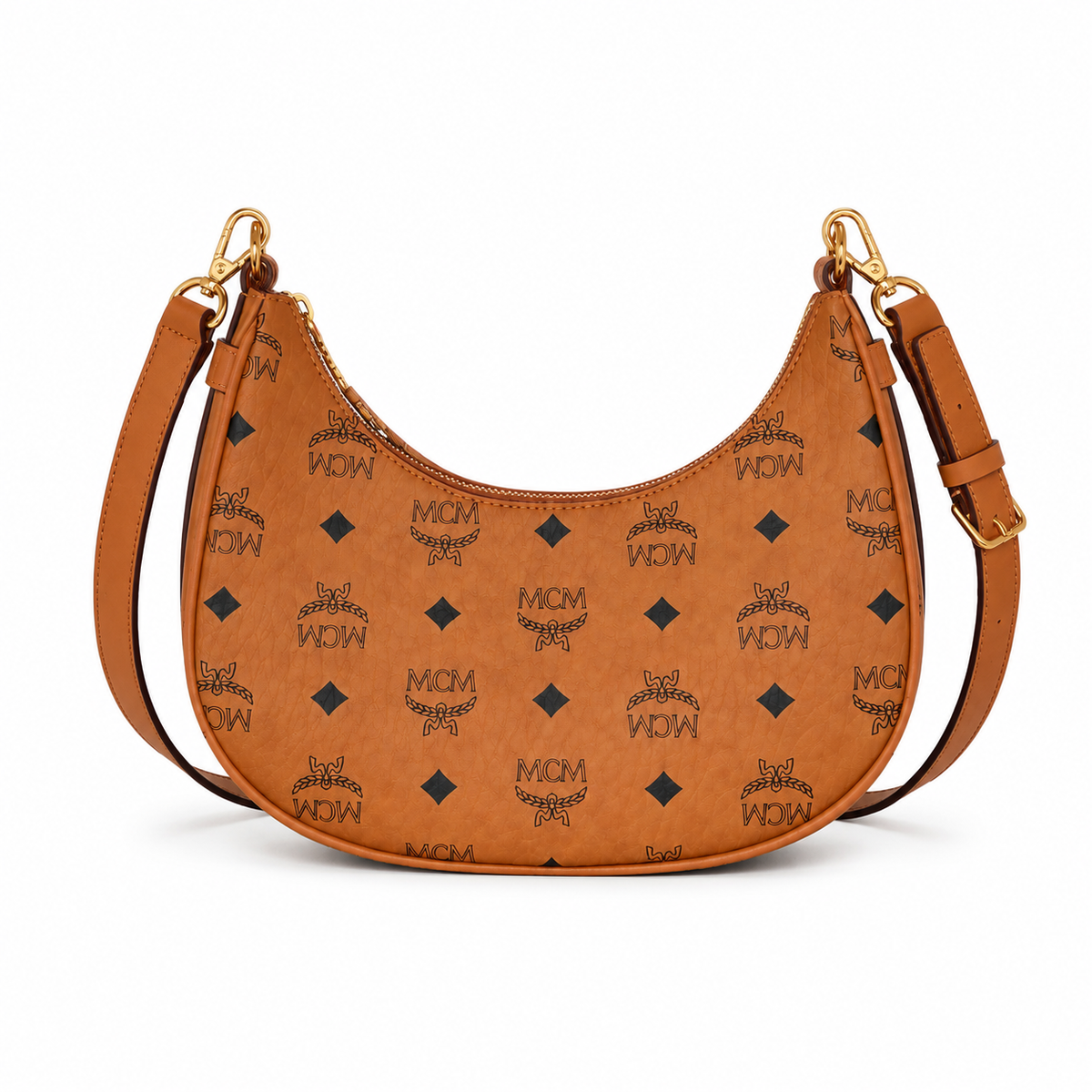MCM Aren Crescent Hobo Bag | Cognac-colored Visetos canvas and Nappa leather with a gold chain shoulder strap and a detachable shoulder strap women's style