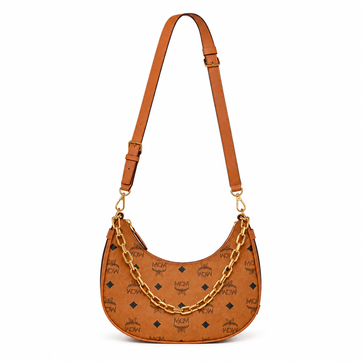 MCM Aren Crescent Hobo Bag | Cognac-colored Visetos canvas and Nappa leather with a gold chain shoulder strap and a detachable shoulder strap women's style