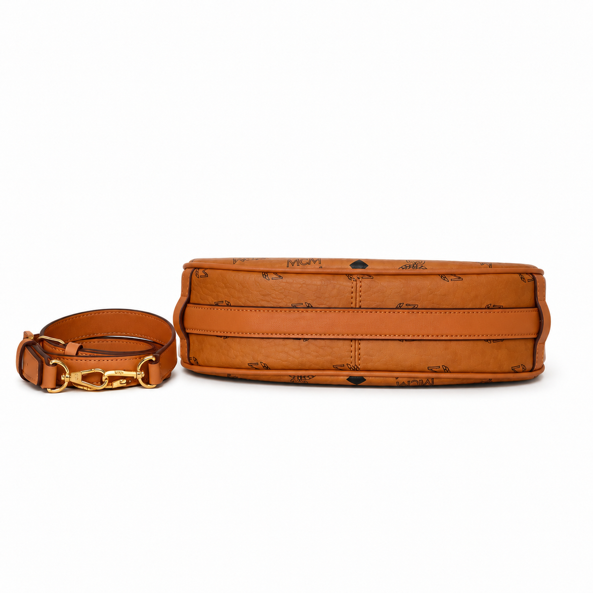 MCM Aren Crescent Hobo Bag | Cognac-colored Visetos canvas and Nappa leather with a gold chain shoulder strap and a detachable shoulder strap women's style