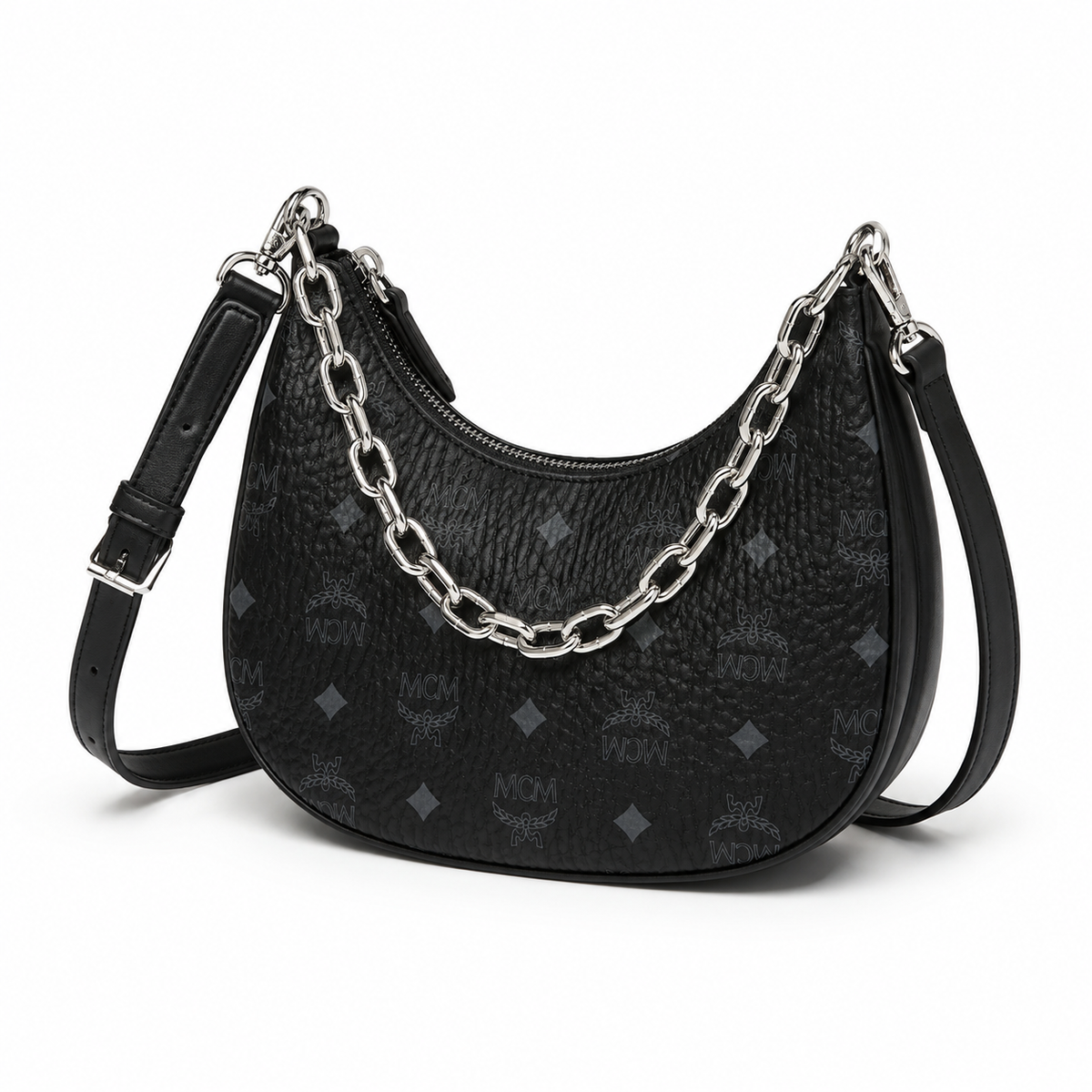 MCM Aren Crescent Hobo Bag  Black Visetos Canvas & Nappa Leather with Silver Chain Strap Detachable Shoulder Belt for Women