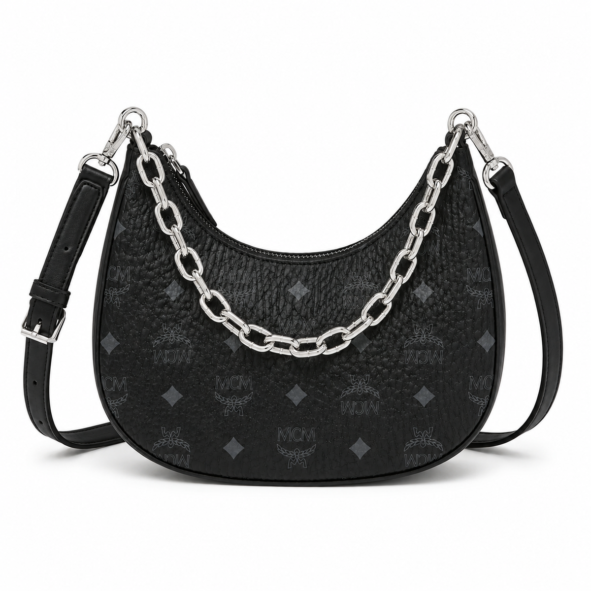 MCM Aren Crescent Hobo Bag  Black Visetos Canvas & Nappa Leather with Silver Chain Strap Detachable Shoulder Belt for Women