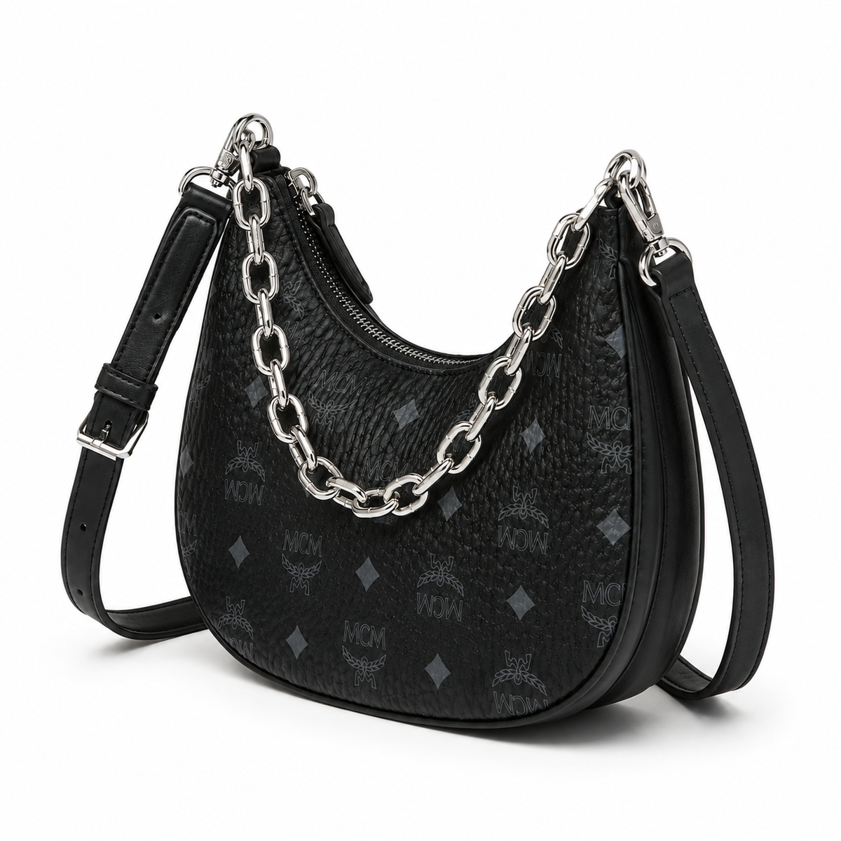MCM Aren Crescent Hobo Bag  Black Visetos Canvas & Nappa Leather with Silver Chain Strap Detachable Shoulder Belt for Women