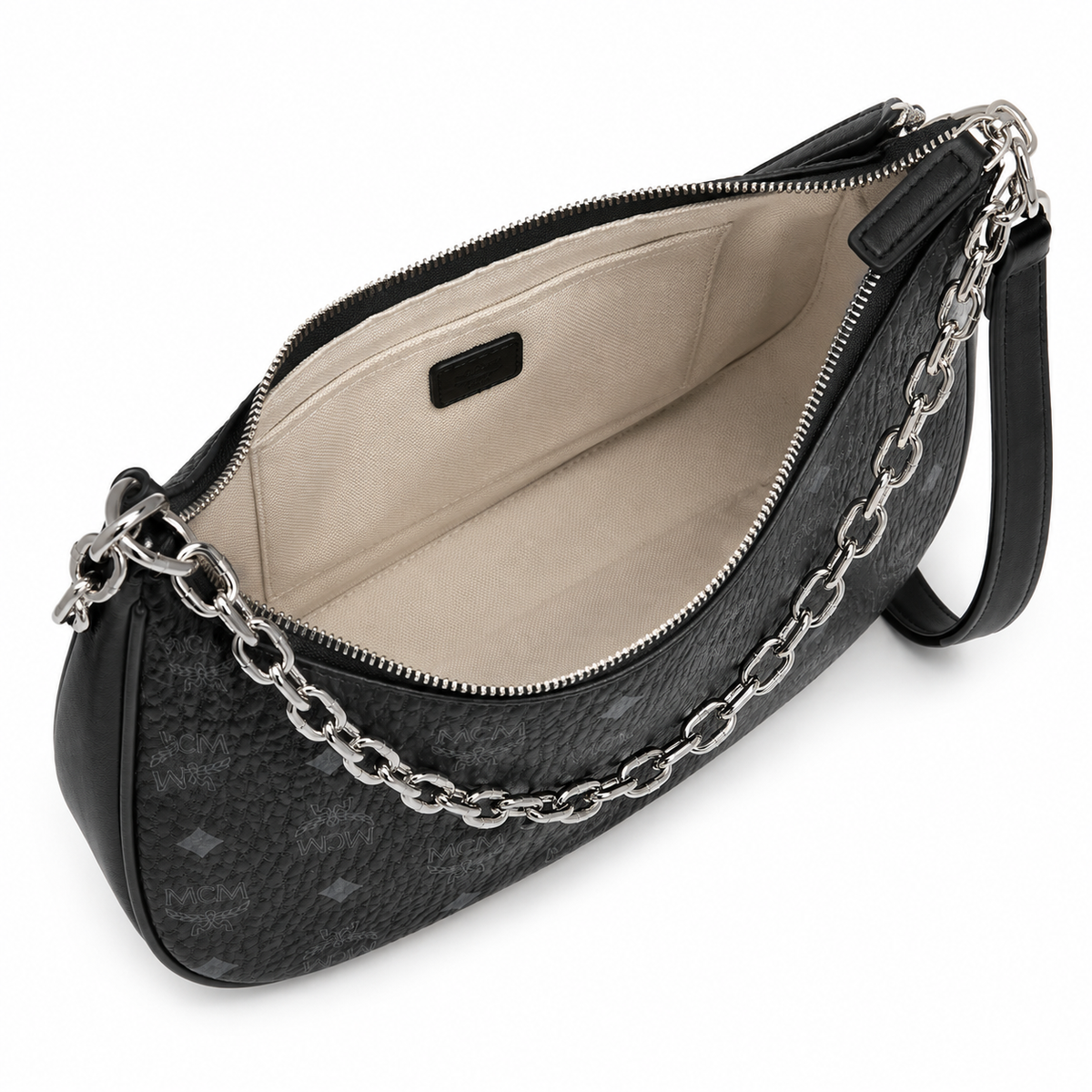 MCM Aren Crescent Hobo Bag  Black Visetos Canvas & Nappa Leather with Silver Chain Strap Detachable Shoulder Belt for Women