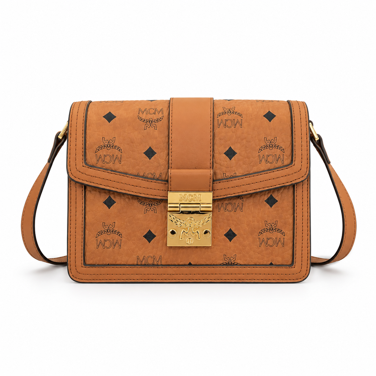Made in MCM cognac-colored Visetos canvas featuring a gold logo clasp adjustable shoulder strap and a lightweight messenger bag style suitable for both men and women