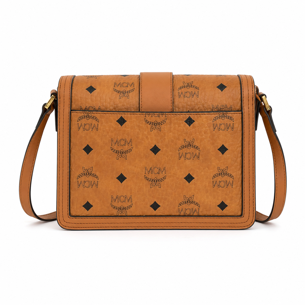 Made in MCM cognac-colored Visetos canvas featuring a gold logo clasp adjustable shoulder strap and a lightweight messenger bag style suitable for both men and women