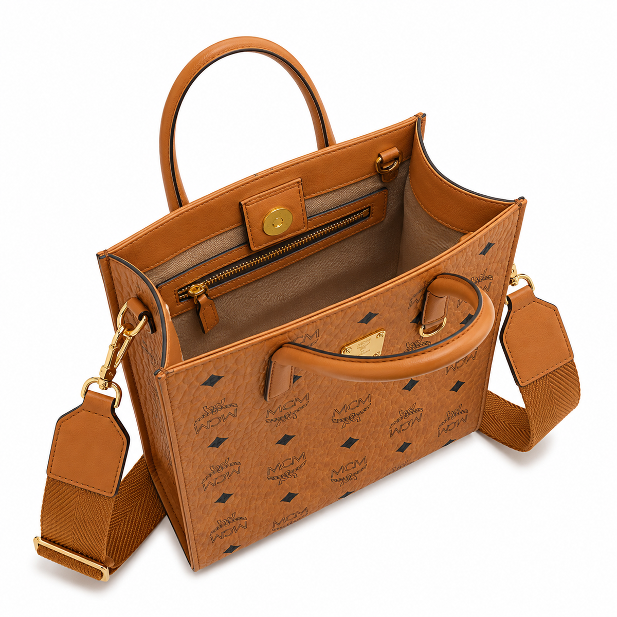 MCM Klassik Small Tote Bag Cognac-colored Visetos Canvas Unisex Detachable Wide Shoulder Strap
