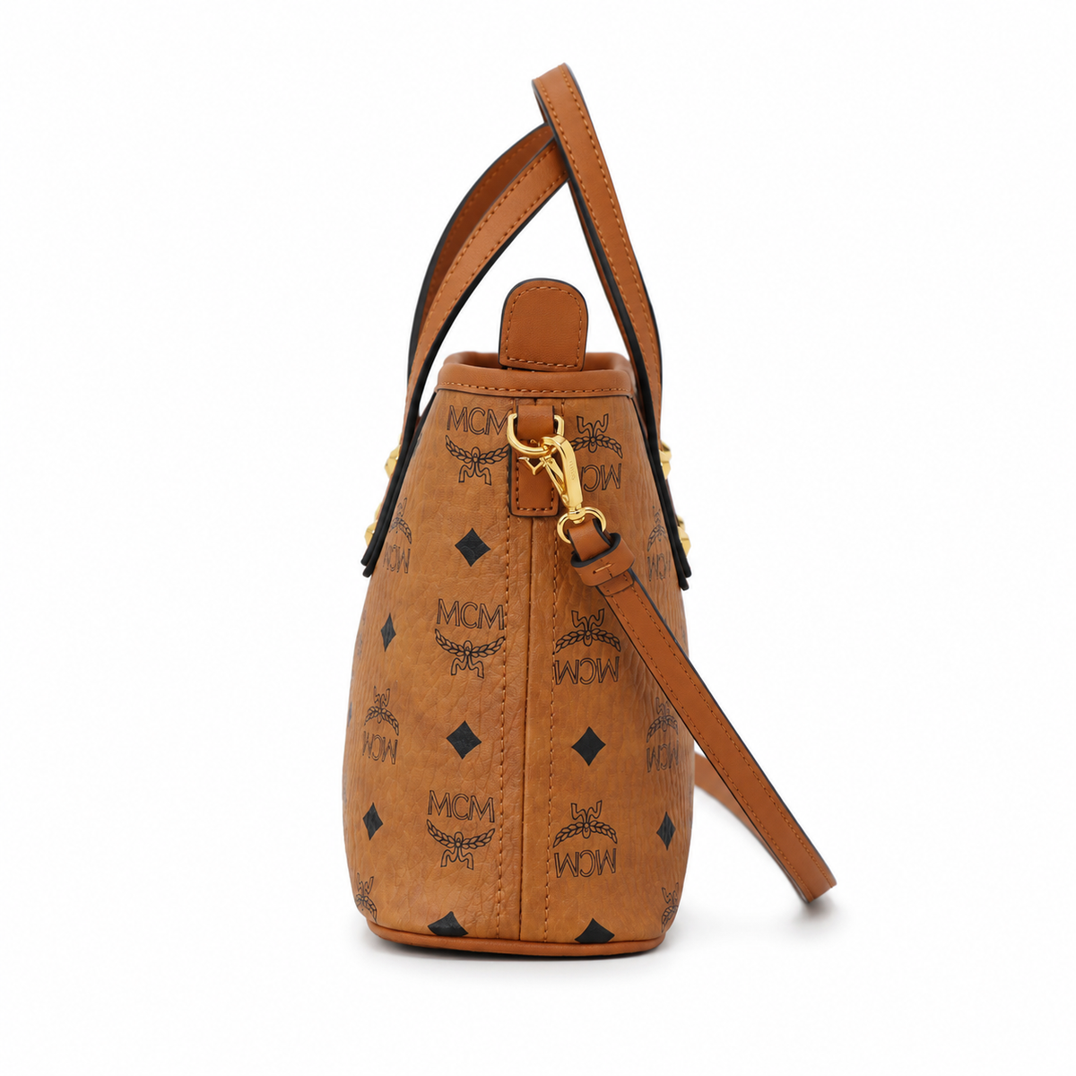 MCM cognac-colored Visetos printed coated canvas adjustable shoulder strap  multi-way commuter tote bag