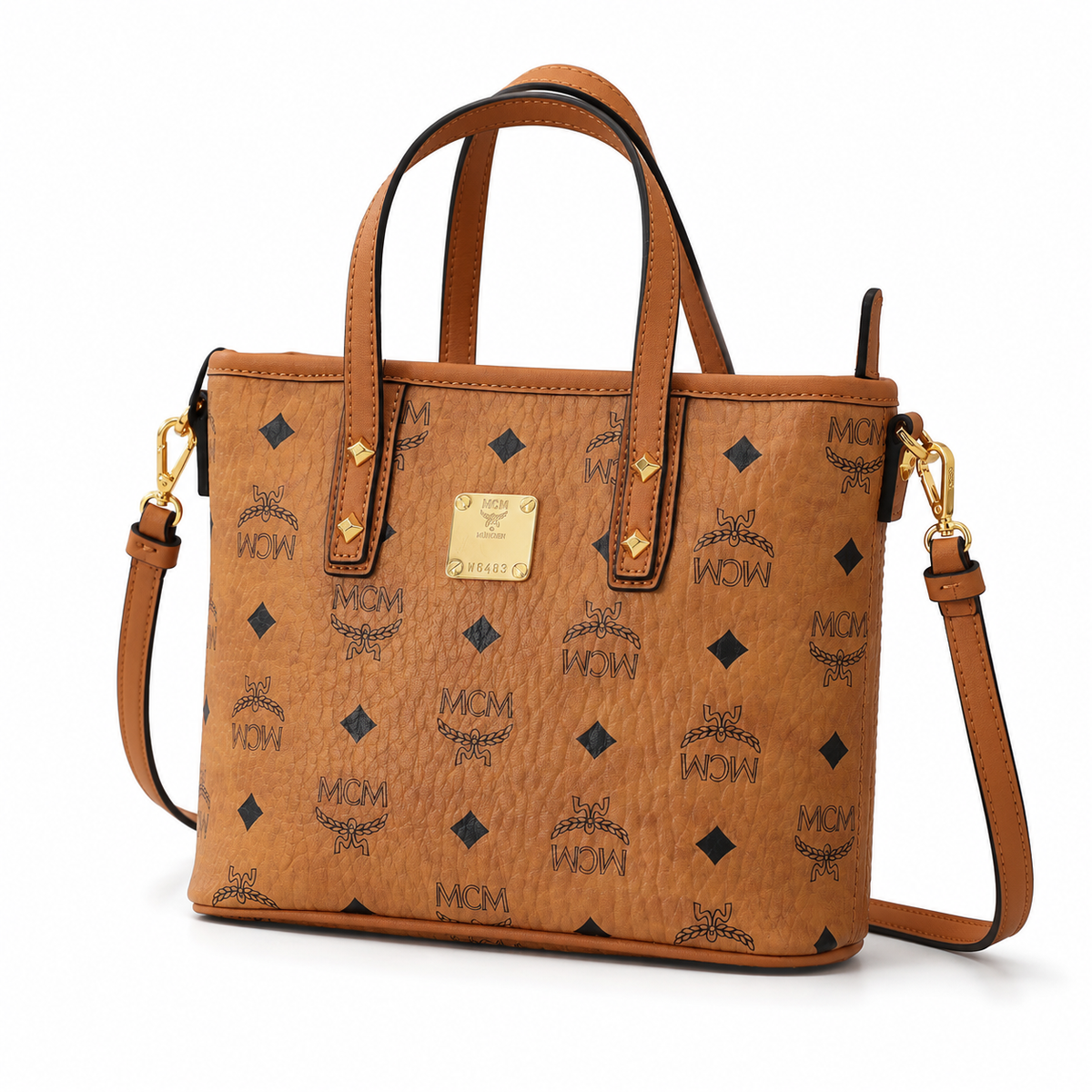 MCM cognac-colored Visetos printed coated canvas adjustable shoulder strap  multi-way commuter tote bag