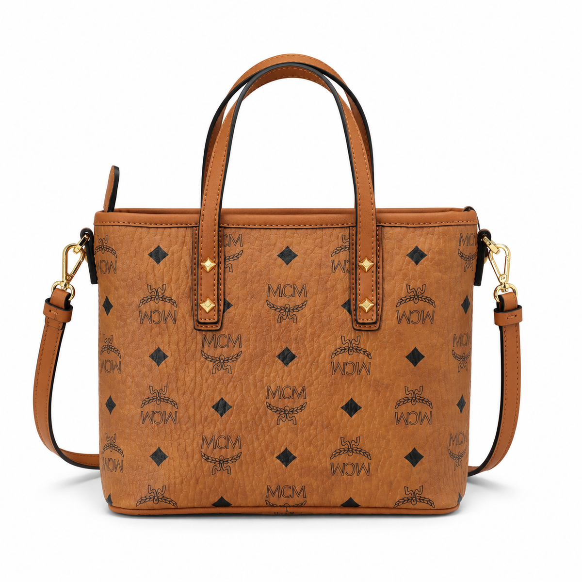 MCM cognac-colored Visetos printed coated canvas adjustable shoulder strap  multi-way commuter tote bag