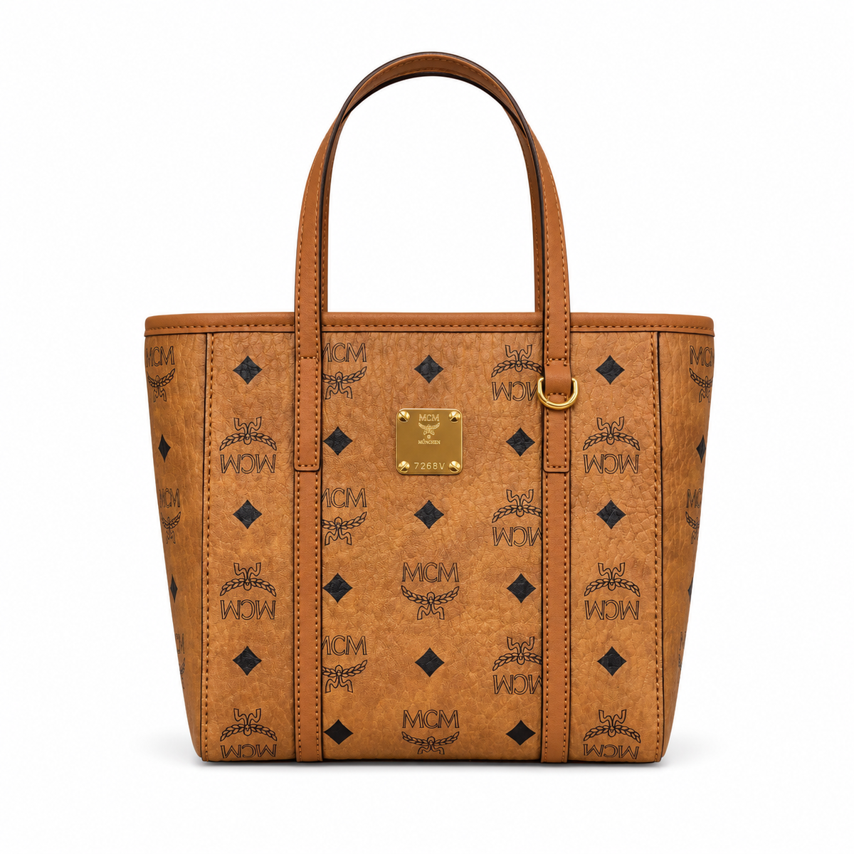 MCM Cognac-colored printed coated canvas + cowhide leather, adjustable shoulder strap multi-way carrying commuter tote bag