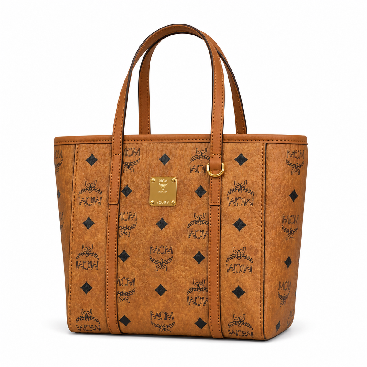 MCM Cognac-colored printed coated canvas + cowhide leather, adjustable shoulder strap multi-way carrying commuter tote bag