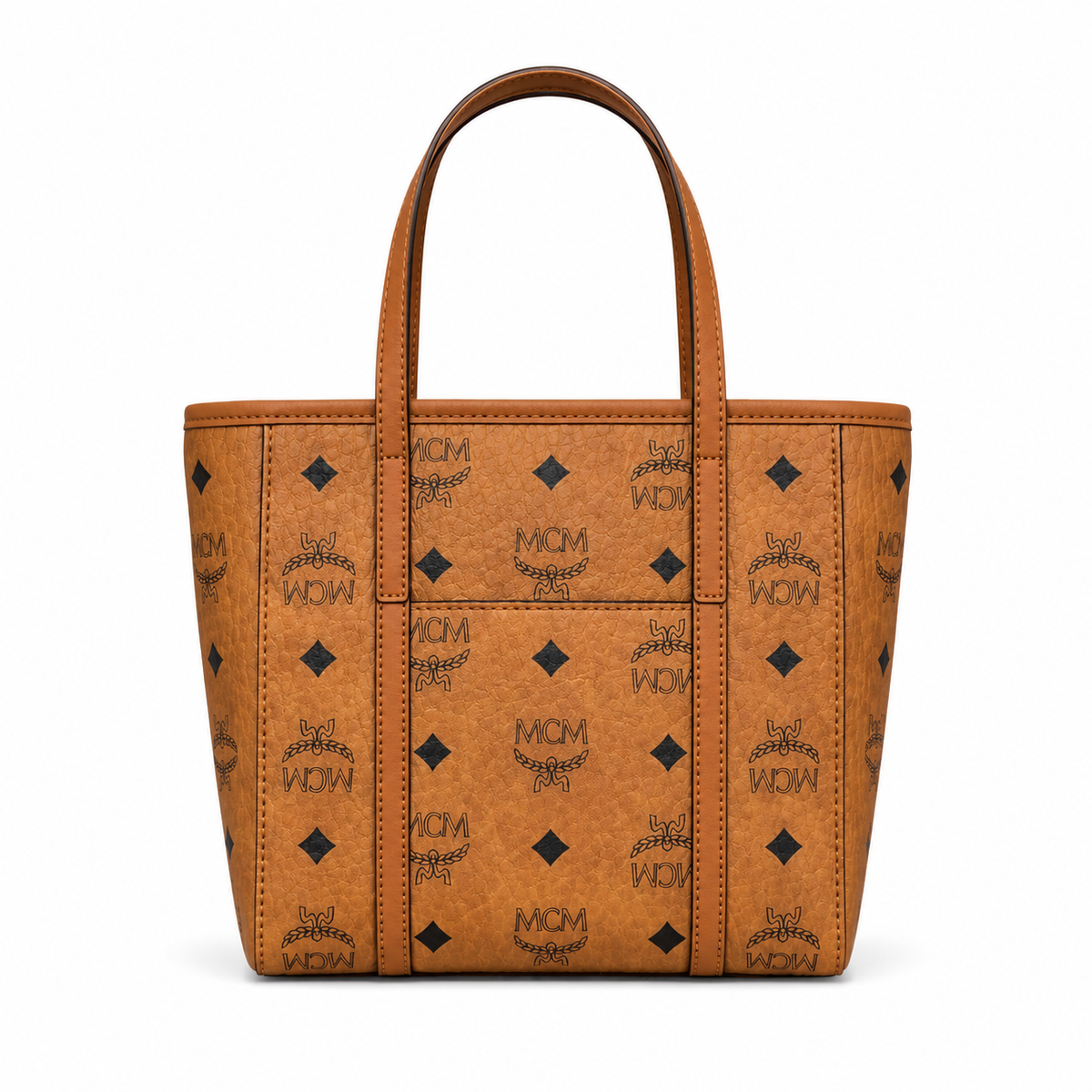 MCM Cognac-colored printed coated canvas + cowhide leather, adjustable shoulder strap multi-way carrying commuter tote bag