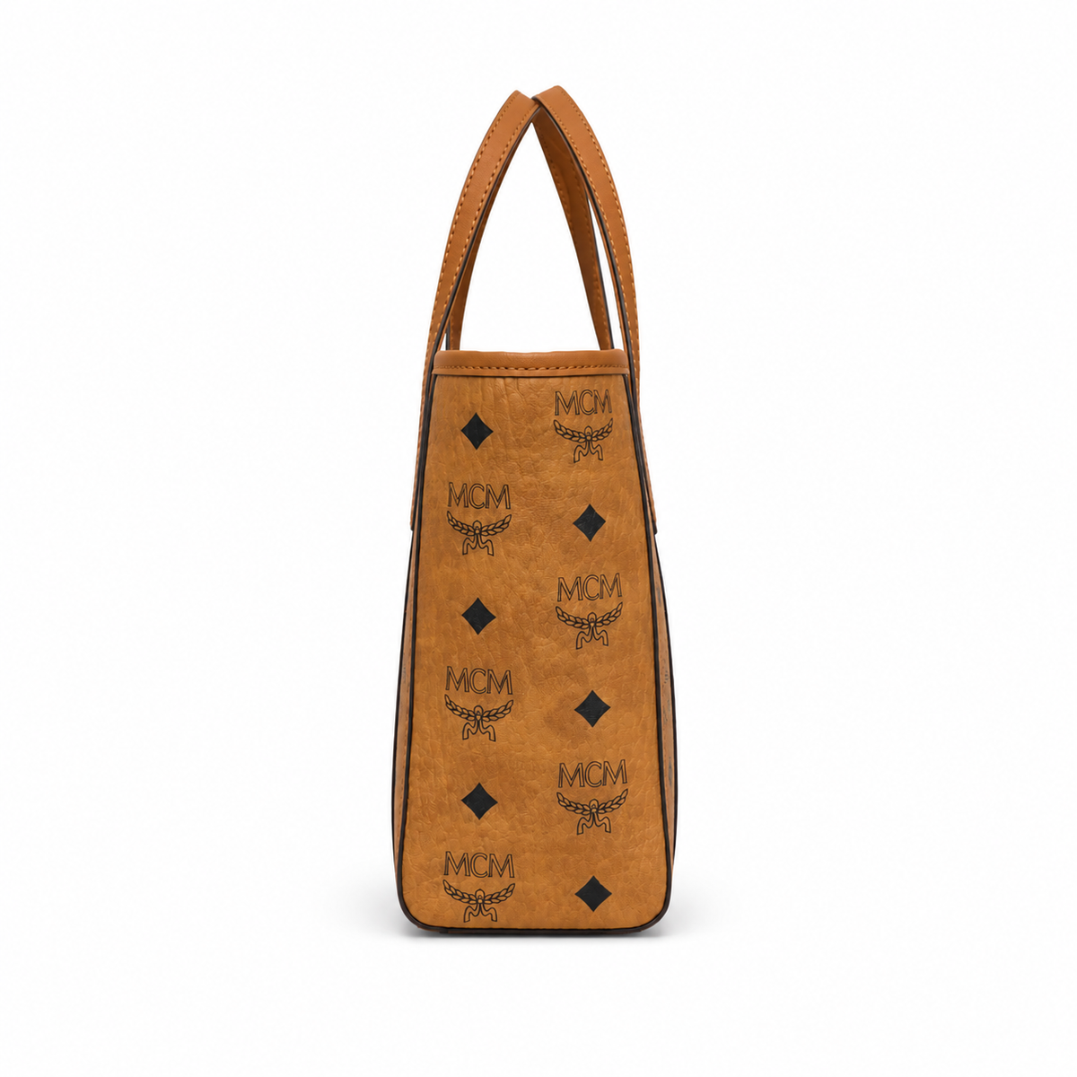 MCM Cognac-colored printed coated canvas + cowhide leather, adjustable shoulder strap multi-way carrying commuter tote bag