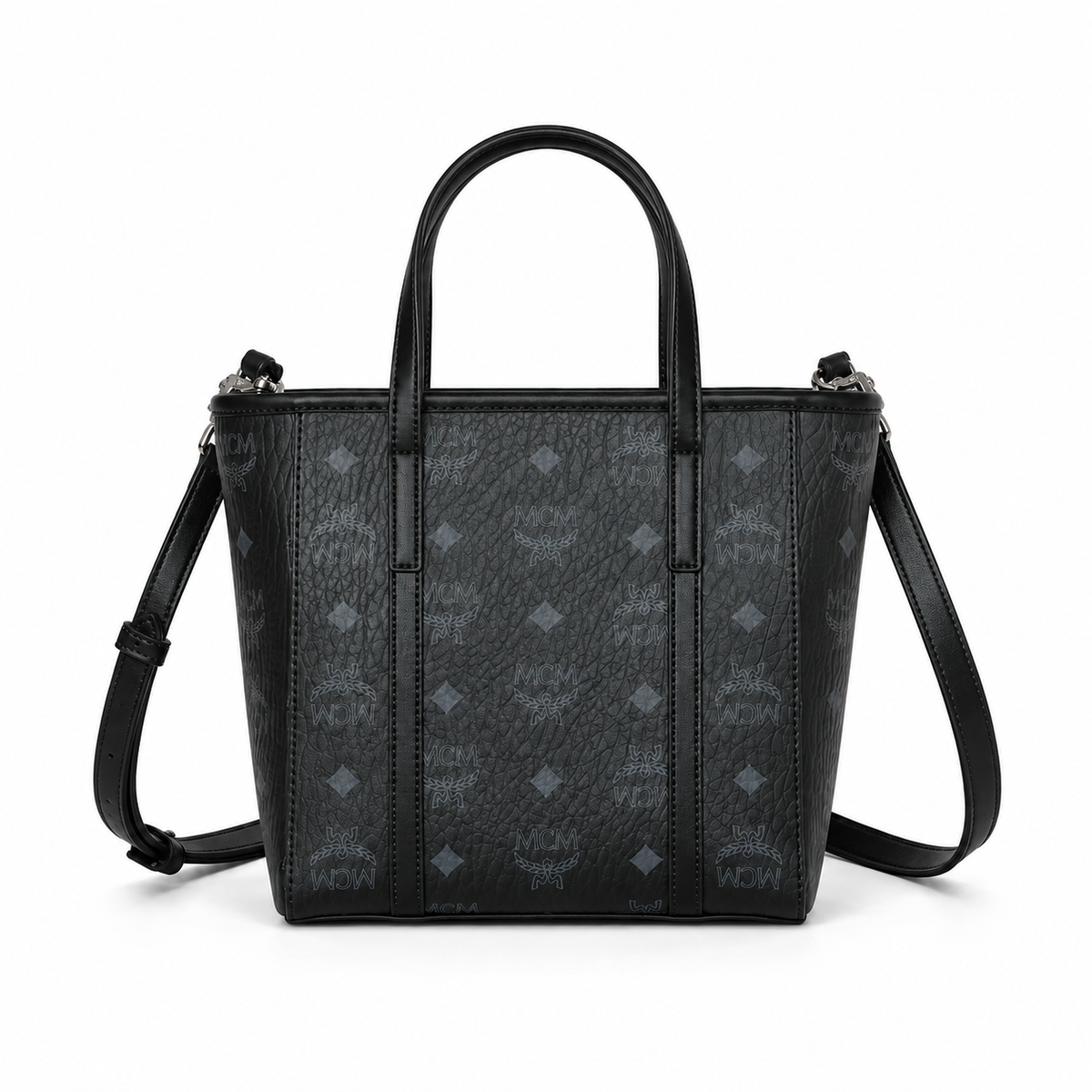MCM Toni Visetos Mini Tote Bag | Cognac-colored printed coated canvas + cowhide leather gold nameplate + adjustable shoulder strap multi-way commuter tote bag