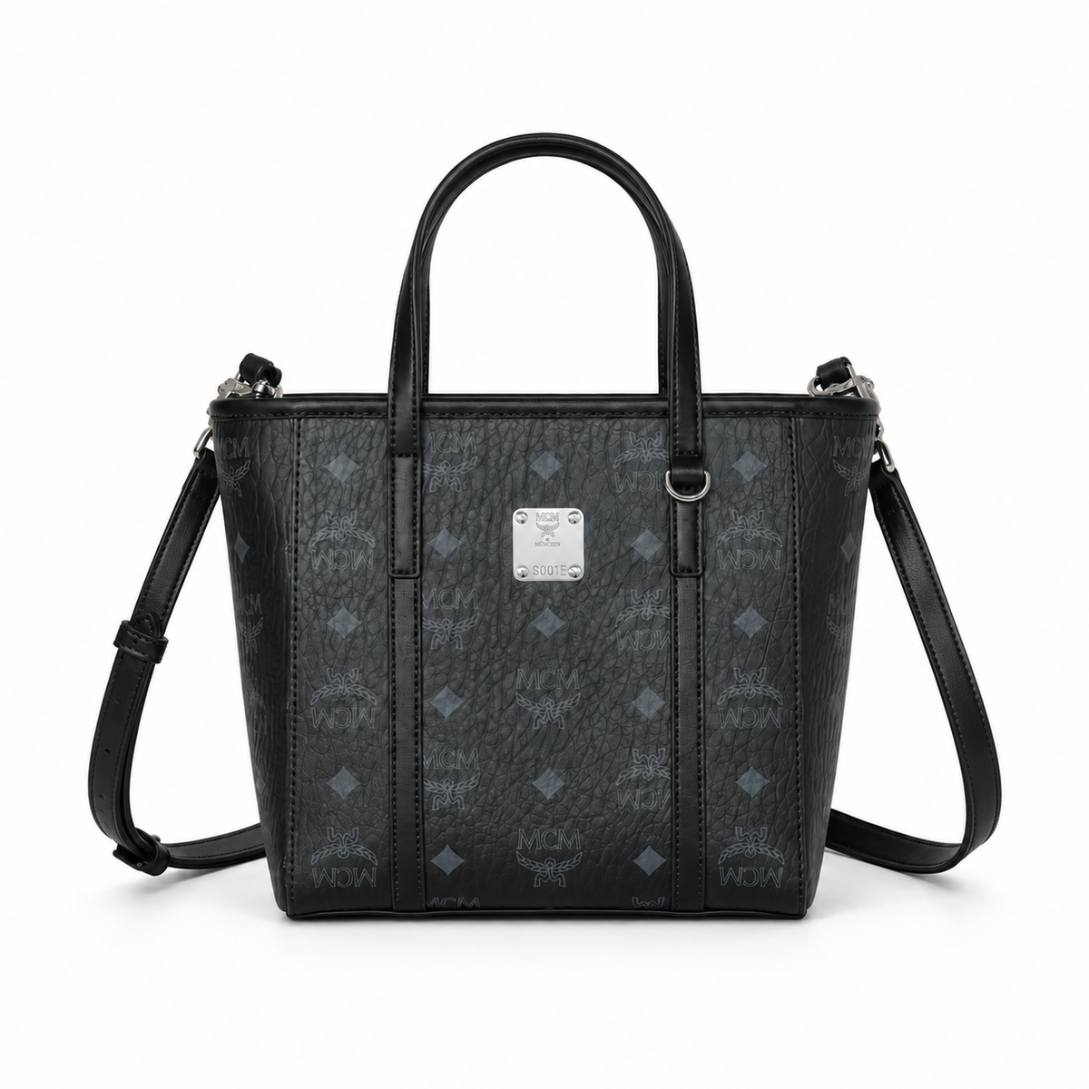 MCM Toni Visetos Mini Tote Bag | Cognac-colored printed coated canvas + cowhide leather gold nameplate + adjustable shoulder strap multi-way commuter tote bag