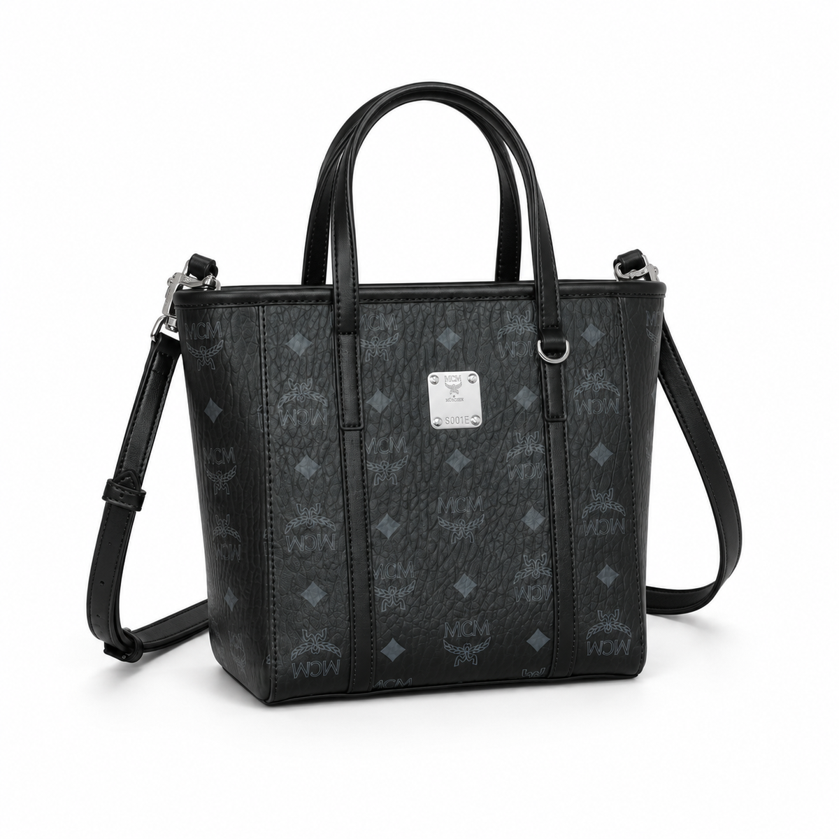 MCM Toni Visetos Mini Tote Bag | Cognac-colored printed coated canvas + cowhide leather gold nameplate + adjustable shoulder strap multi-way commuter tote bag