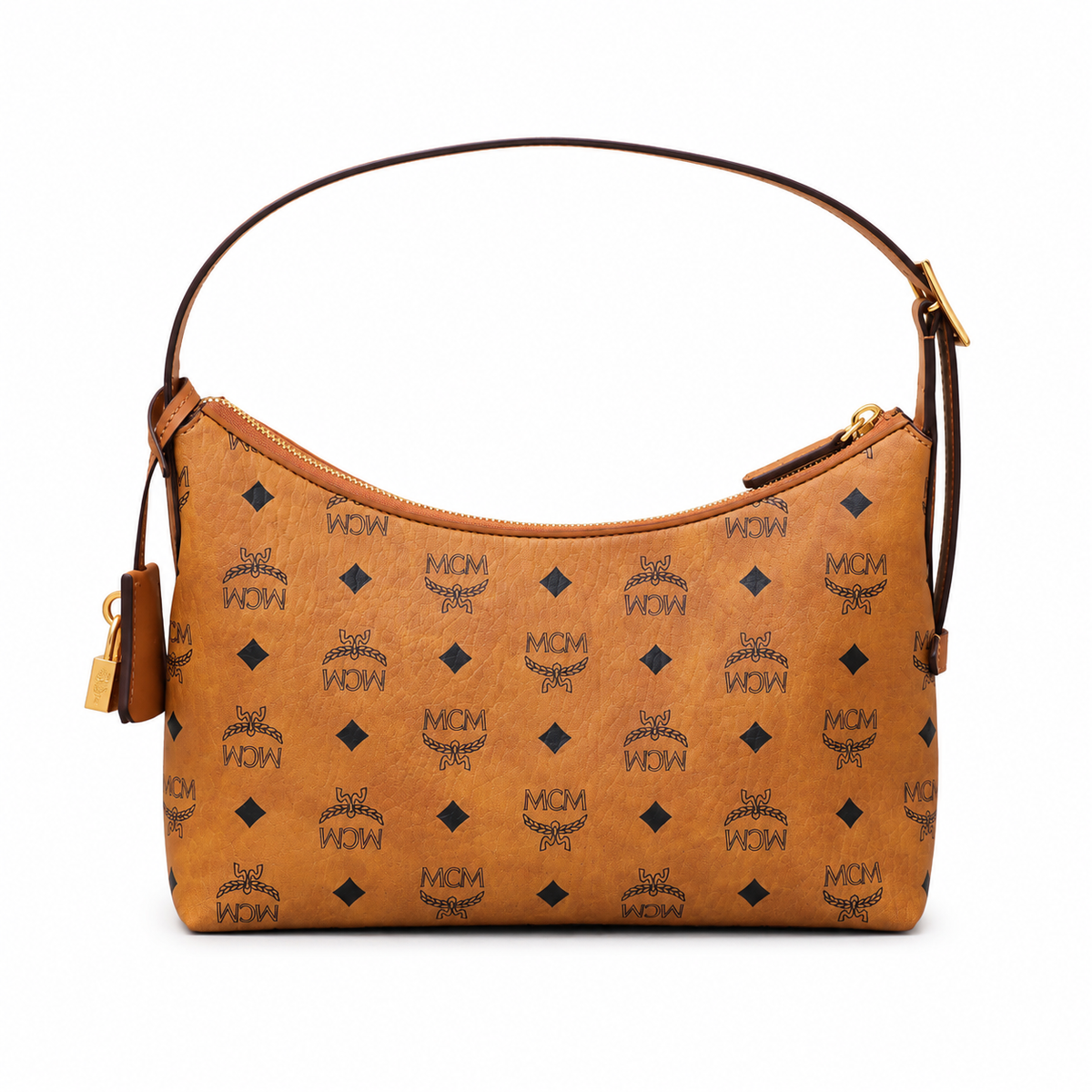 MCM Cognac-colored all-over monogram canvas bag with gold-plated clasp pendant adjustable shoulder strap for single-shoulder or crossbody wear