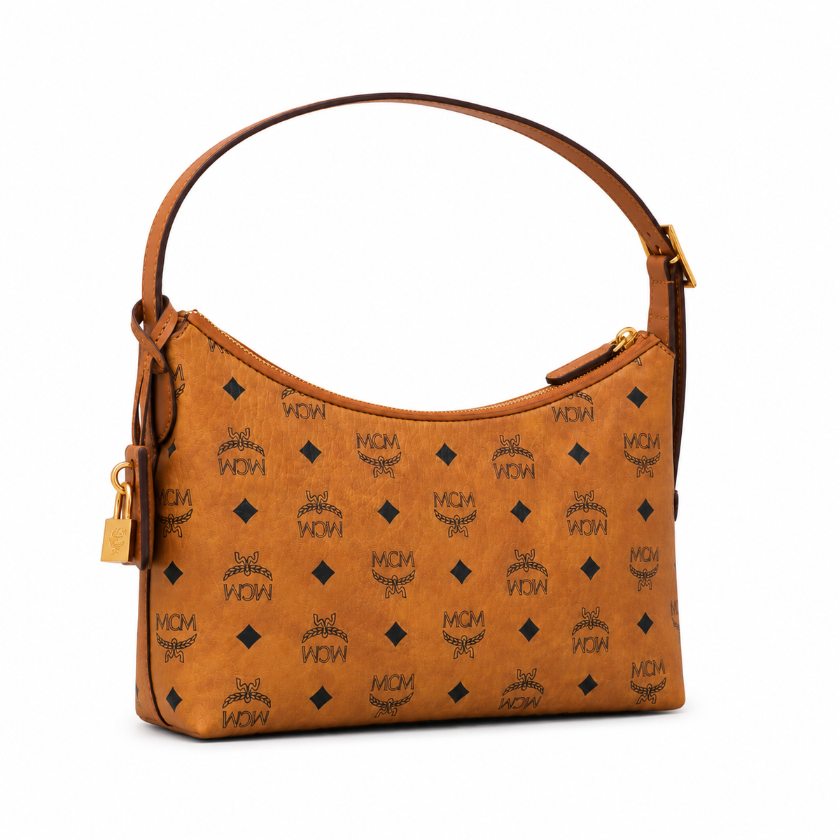 MCM Cognac-colored all-over monogram canvas bag with gold-plated clasp pendant adjustable shoulder strap for single-shoulder or crossbody wear