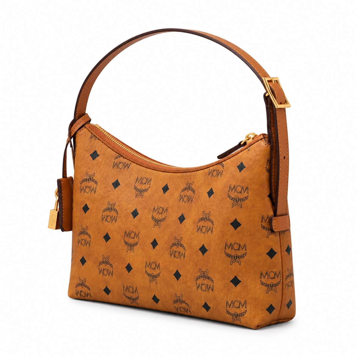 MCM Cognac-colored all-over monogram canvas bag with gold-plated clasp pendant adjustable shoulder strap for single-shoulder or crossbody wear