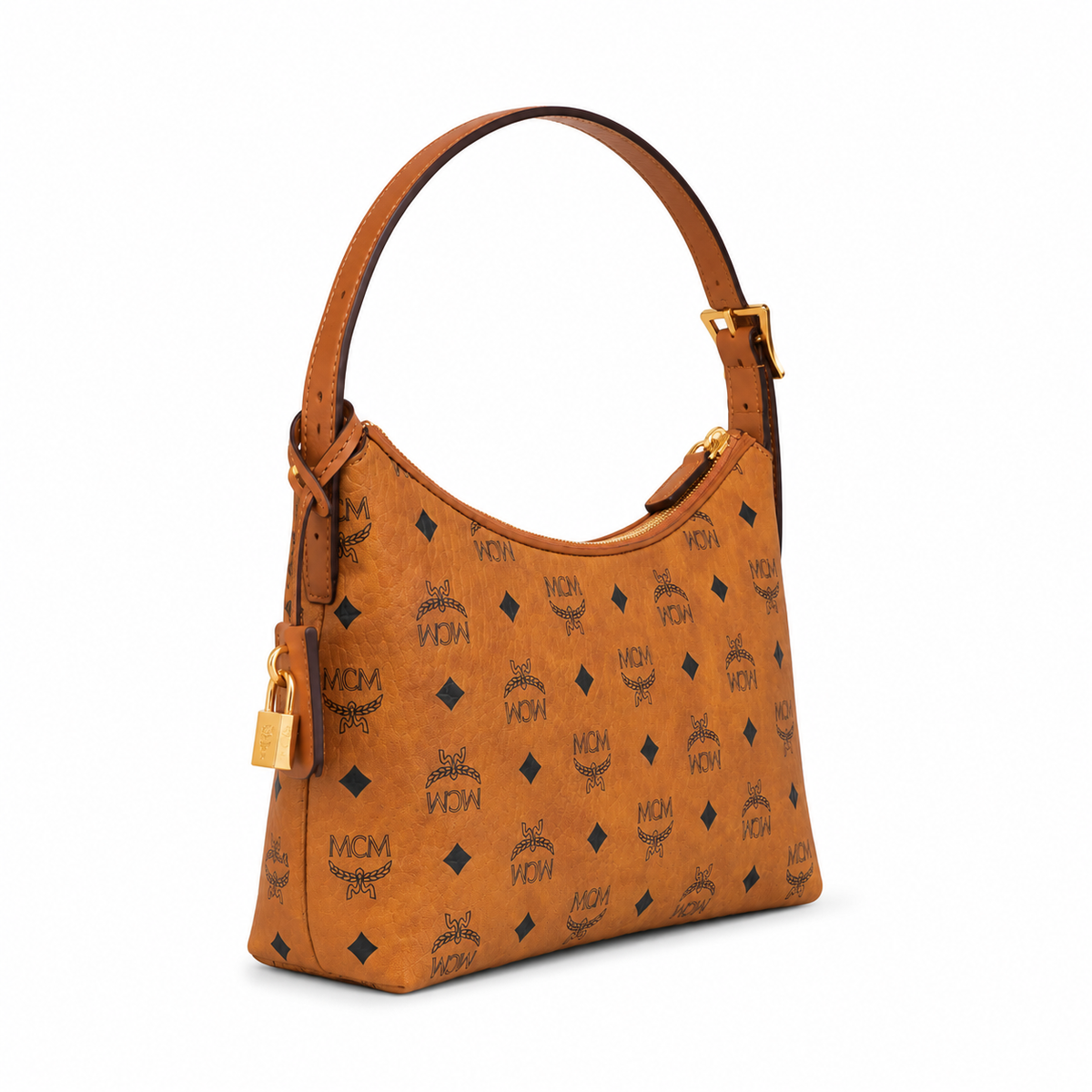 MCM Cognac-colored all-over monogram canvas bag with gold-plated clasp pendant adjustable shoulder strap for single-shoulder or crossbody wear