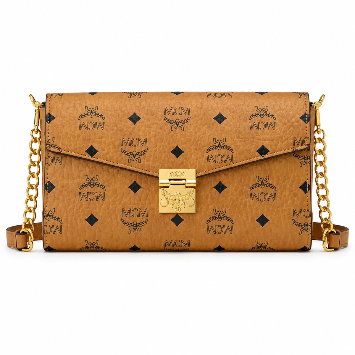 MCM Cognac-colored all-over monogram canvas with a gold laurel leaf clasp detachable shoulder strap for single-shoulder or crossbody wear