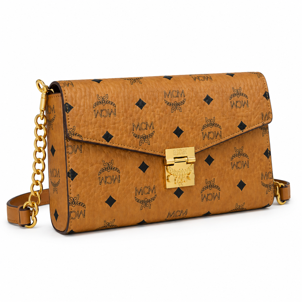 MCM Cognac-colored all-over monogram canvas with a gold laurel leaf clasp detachable shoulder strap for single-shoulder or crossbody wear