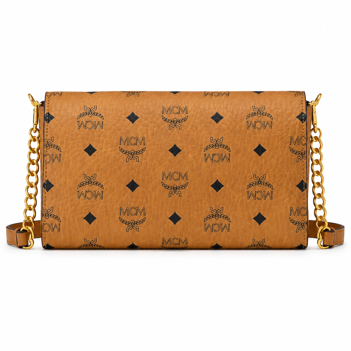 MCM Cognac-colored all-over monogram canvas with a gold laurel leaf clasp detachable shoulder strap for single-shoulder or crossbody wear
