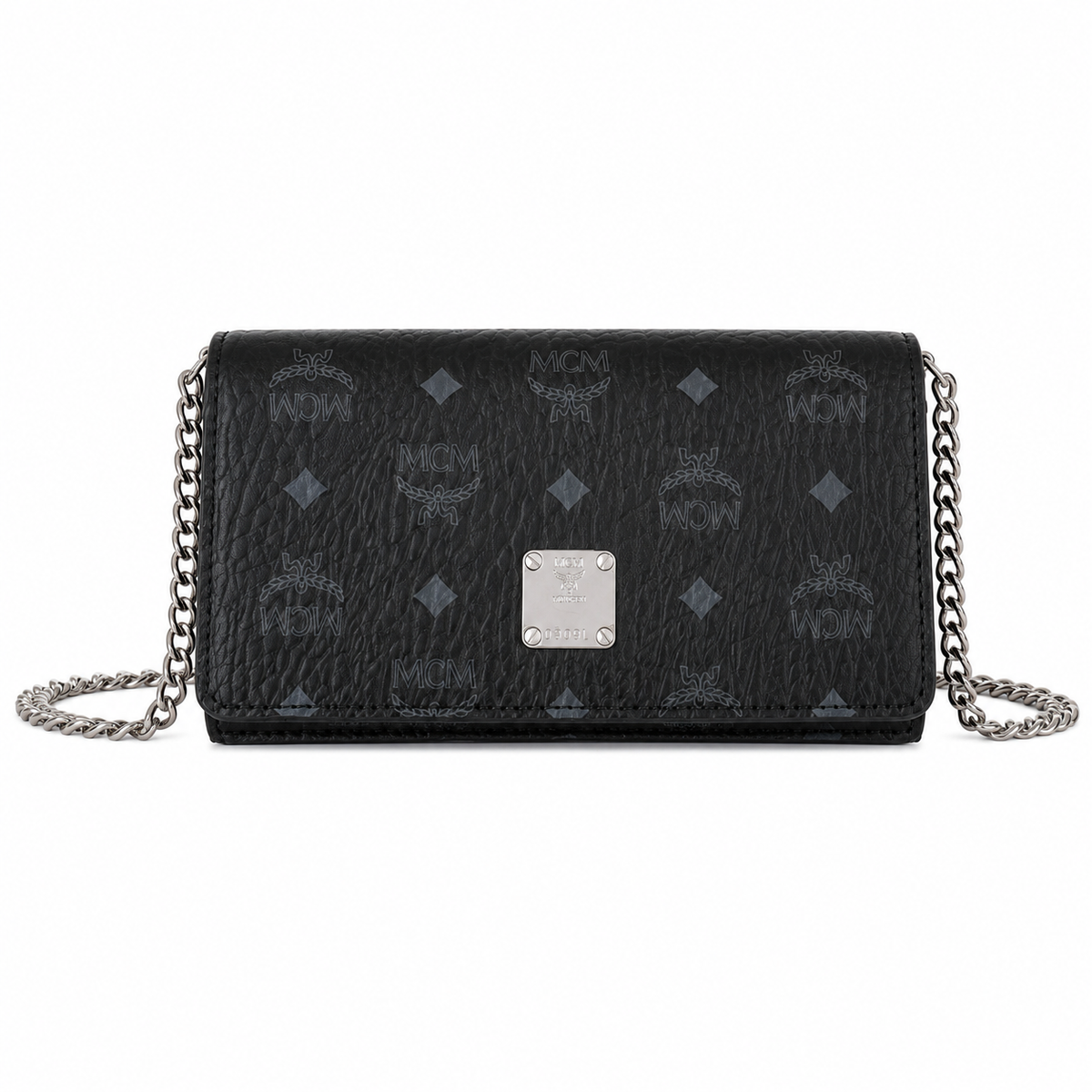 MCM black monogram canvas bag with silver nameplate detachable chain shoulder strap for crossbody wear