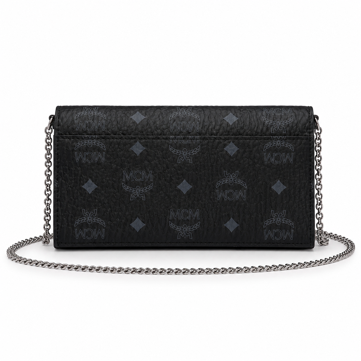 MCM black monogram canvas bag with silver nameplate detachable chain shoulder strap for crossbody wear