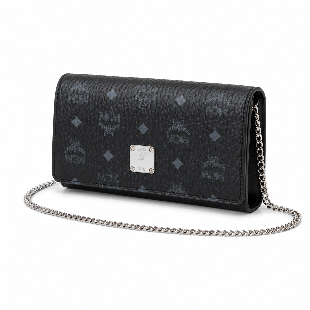 MCM black monogram canvas bag with silver nameplate detachable chain shoulder strap for crossbody wear