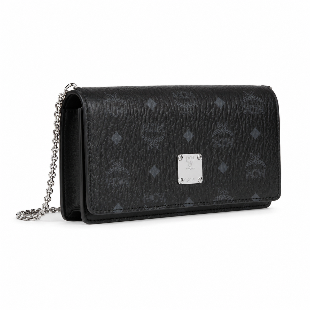 MCM black monogram canvas bag with silver nameplate detachable chain shoulder strap for crossbody wear