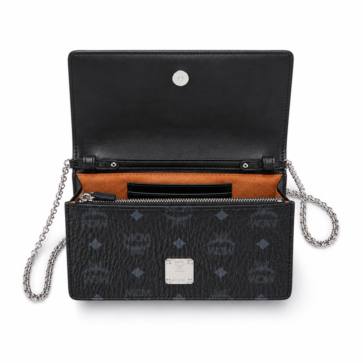 MCM black monogram canvas bag with silver nameplate detachable chain shoulder strap for crossbody wear