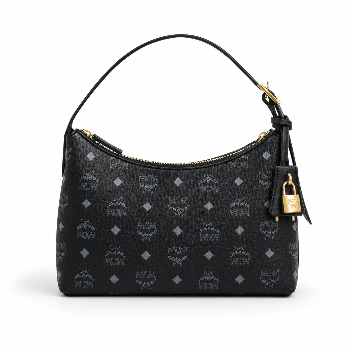 MCM black monogram canvas bag with gold lock pendant adjustable shoulder strap for single-shoulder or crossbody wear