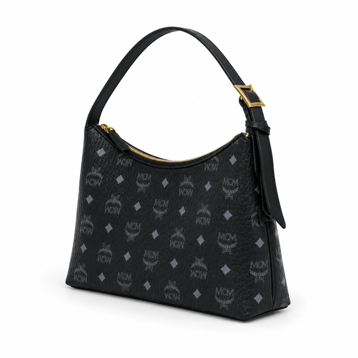 MCM black monogram canvas bag with gold lock pendant adjustable shoulder strap for single-shoulder or crossbody wear