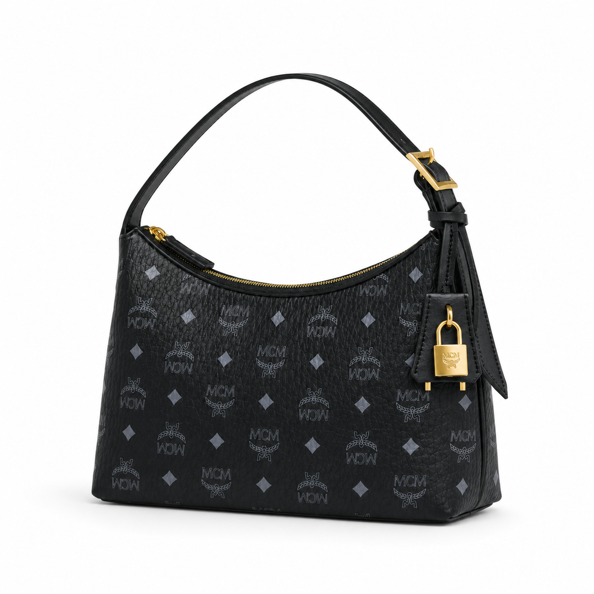 MCM black monogram canvas bag with gold lock pendant adjustable shoulder strap for single-shoulder or crossbody wear