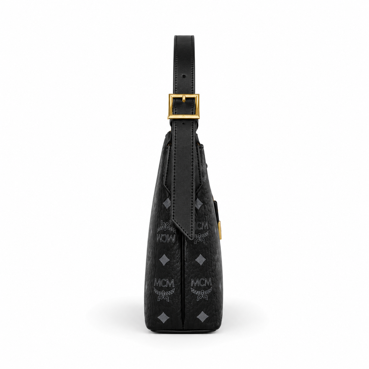 MCM black monogram canvas bag with gold lock pendant adjustable shoulder strap for single-shoulder or crossbody wear
