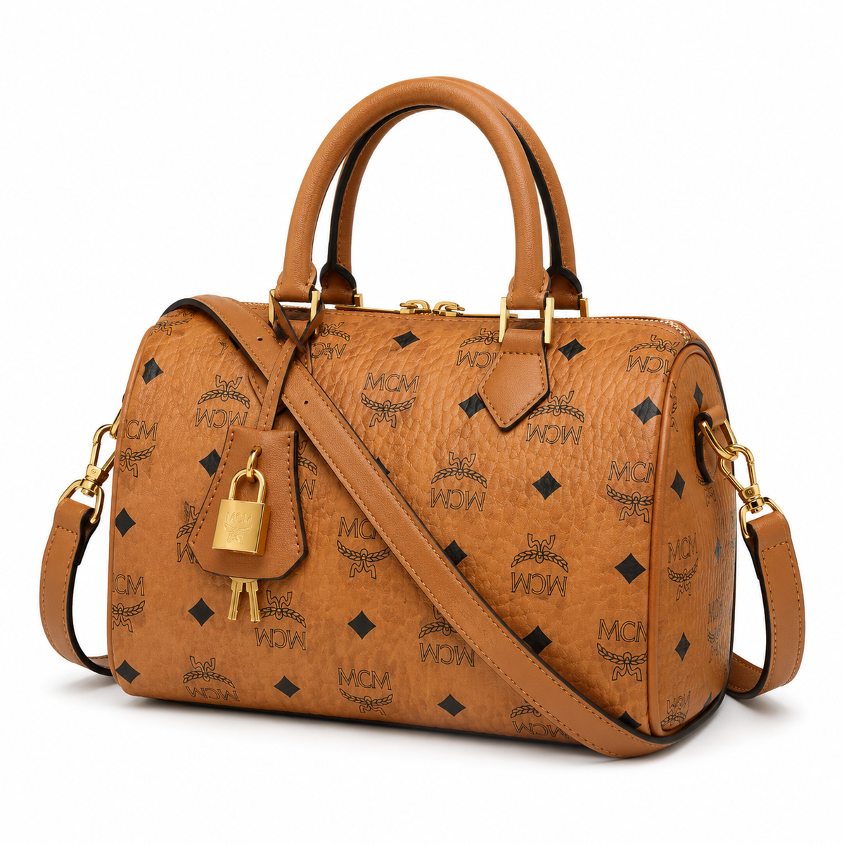 MCM Cognac-colored all-over monogram canvas bag with gold-plated clasp pendant adjustable shoulder strap handbag crossbody bag