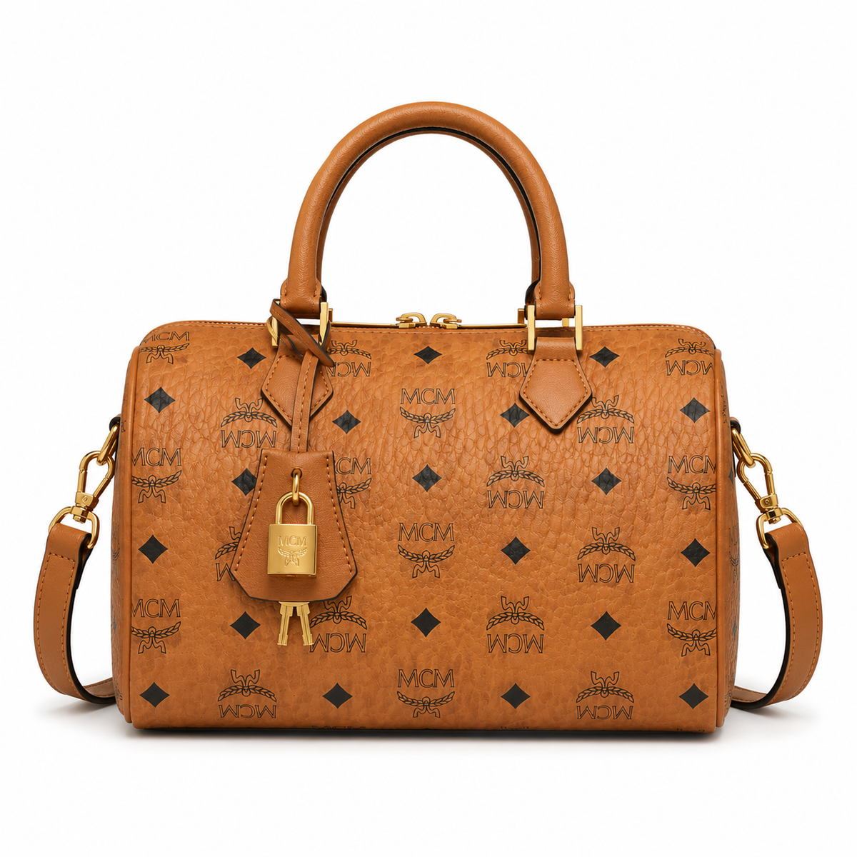 MCM Cognac-colored all-over monogram canvas bag with gold-plated clasp pendant adjustable shoulder strap handbag crossbody bag