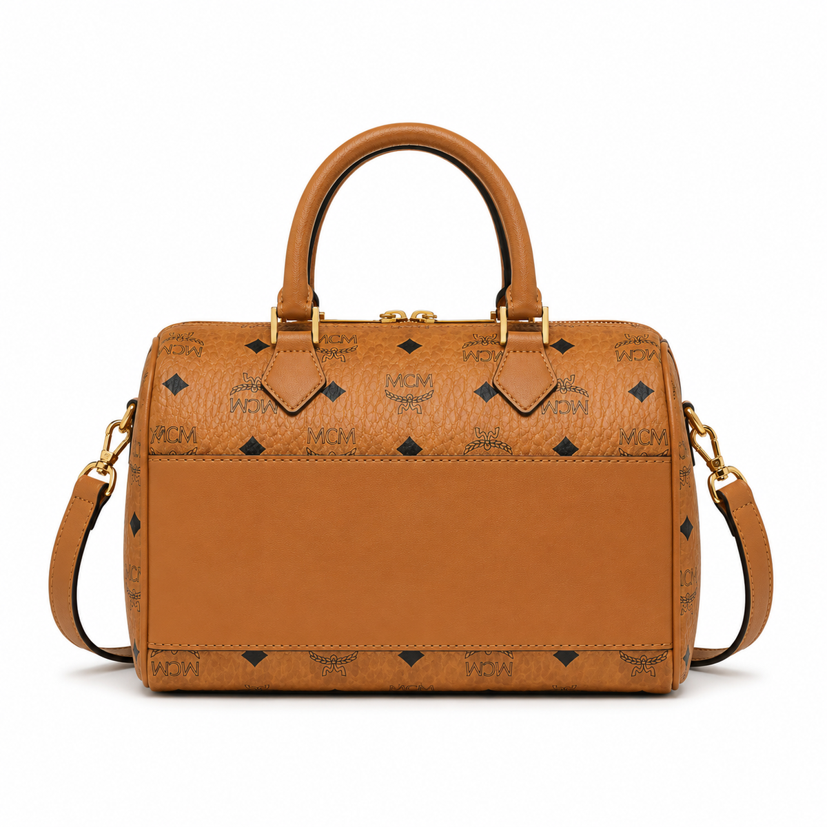 MCM Cognac-colored all-over monogram canvas bag with gold-plated clasp pendant adjustable shoulder strap handbag crossbody bag