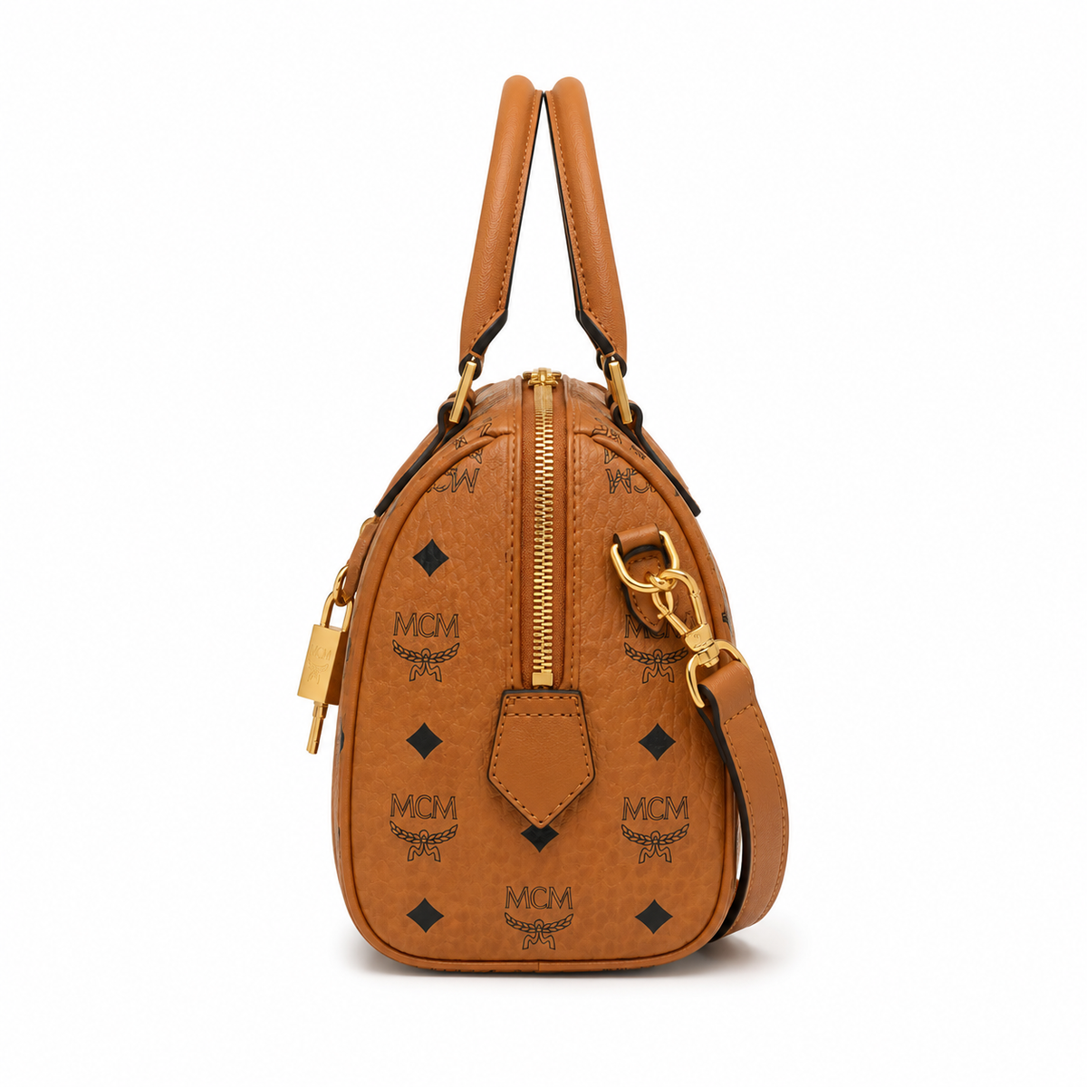 MCM Cognac-colored all-over monogram canvas bag with gold-plated clasp pendant adjustable shoulder strap handbag crossbody bag