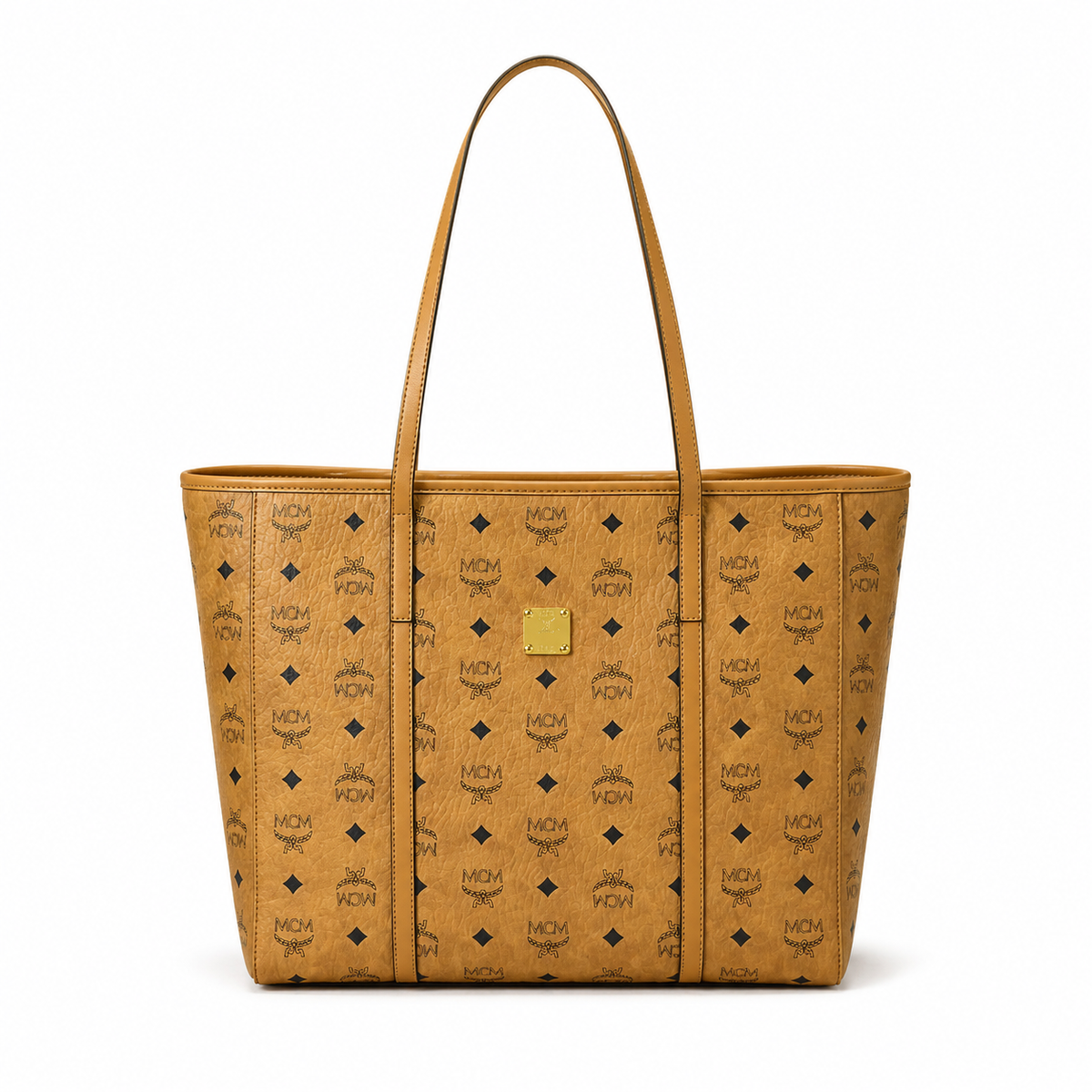 MCM Cognac-colored all-over monogram canvas with gold nameplate adjustable shoulder strap multi-carrying commuter shopping bag