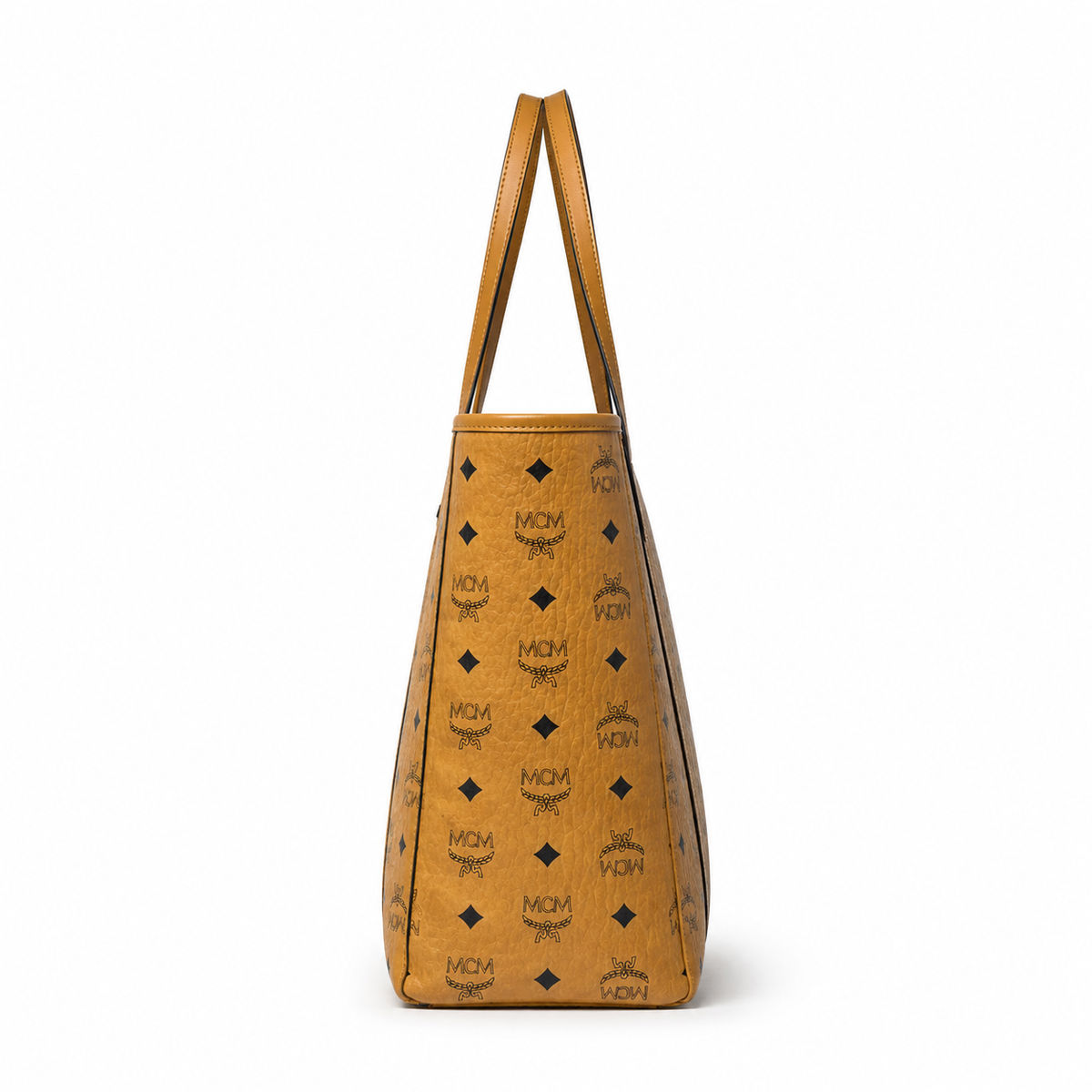 MCM Cognac-colored all-over monogram canvas with gold nameplate adjustable shoulder strap multi-carrying commuter shopping bag