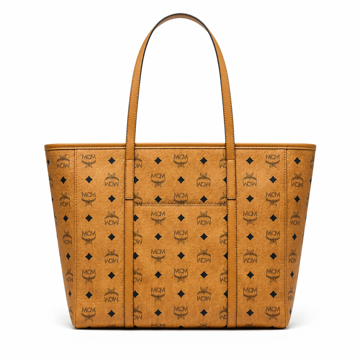 MCM Cognac-colored all-over monogram canvas with gold nameplate adjustable shoulder strap multi-carrying commuter shopping bag