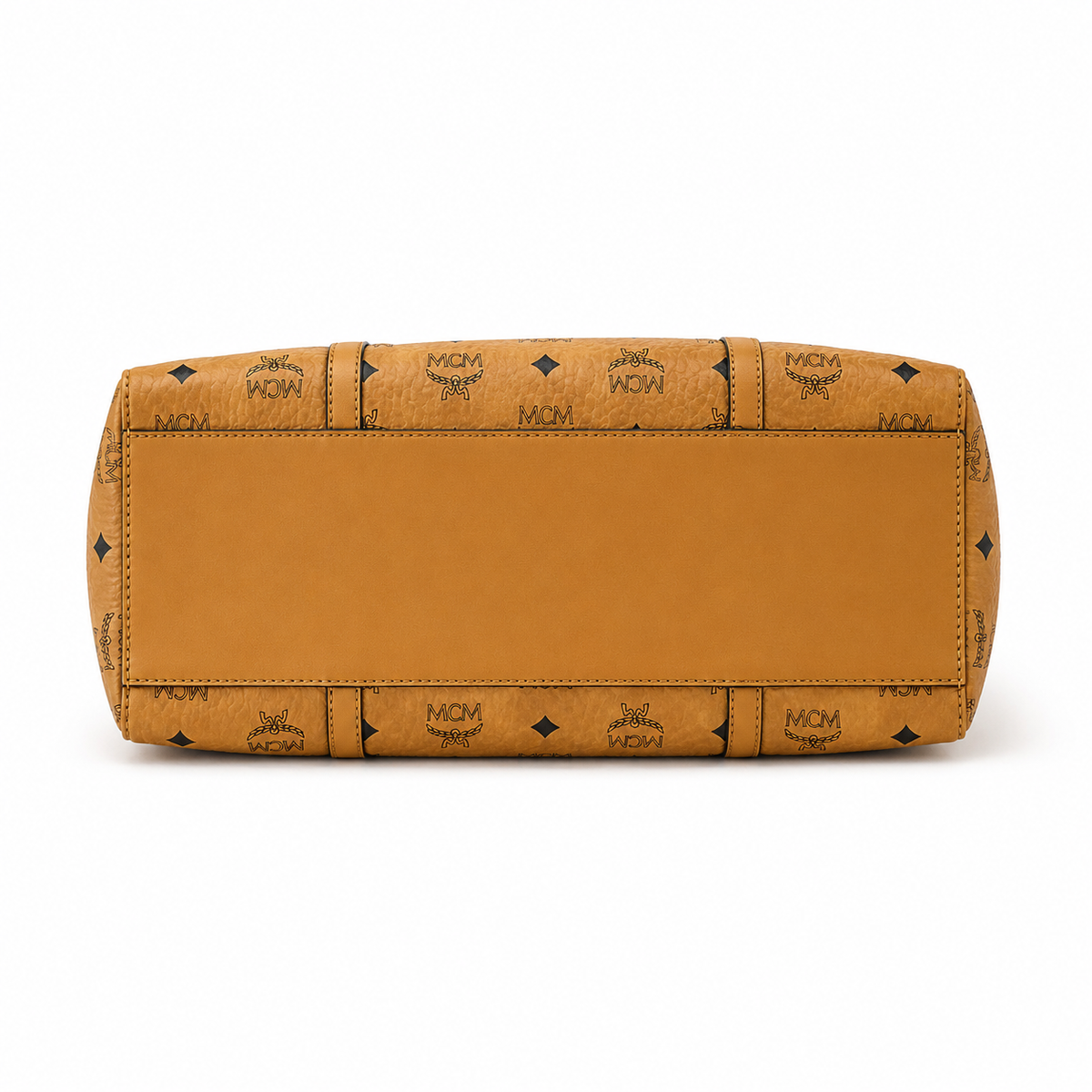 MCM Cognac-colored all-over monogram canvas with gold nameplate adjustable shoulder strap multi-carrying commuter shopping bag